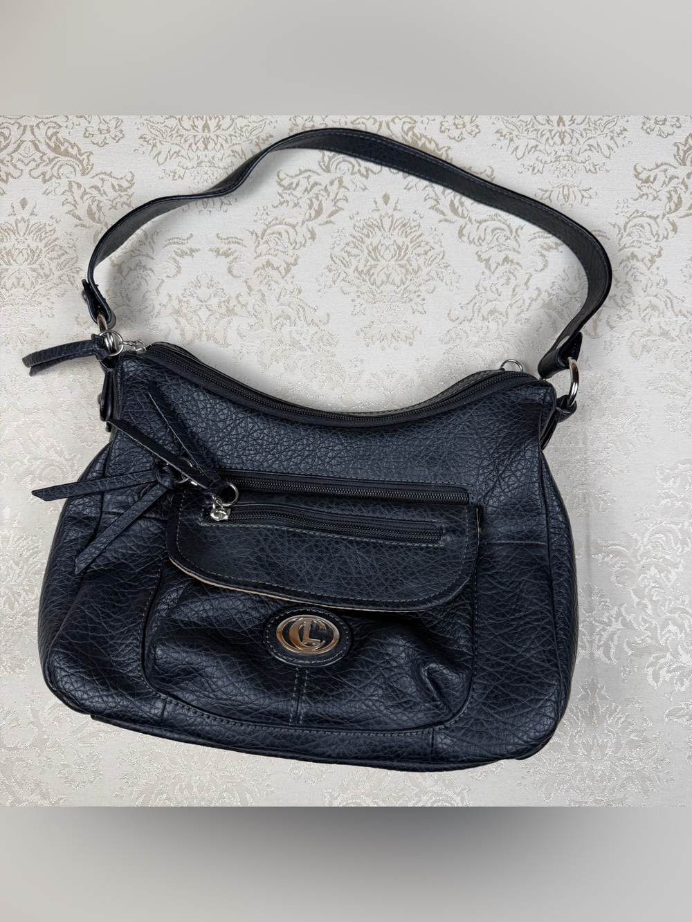 Black Faux Leather Shoulder Bag, CL, Pockets, Organized